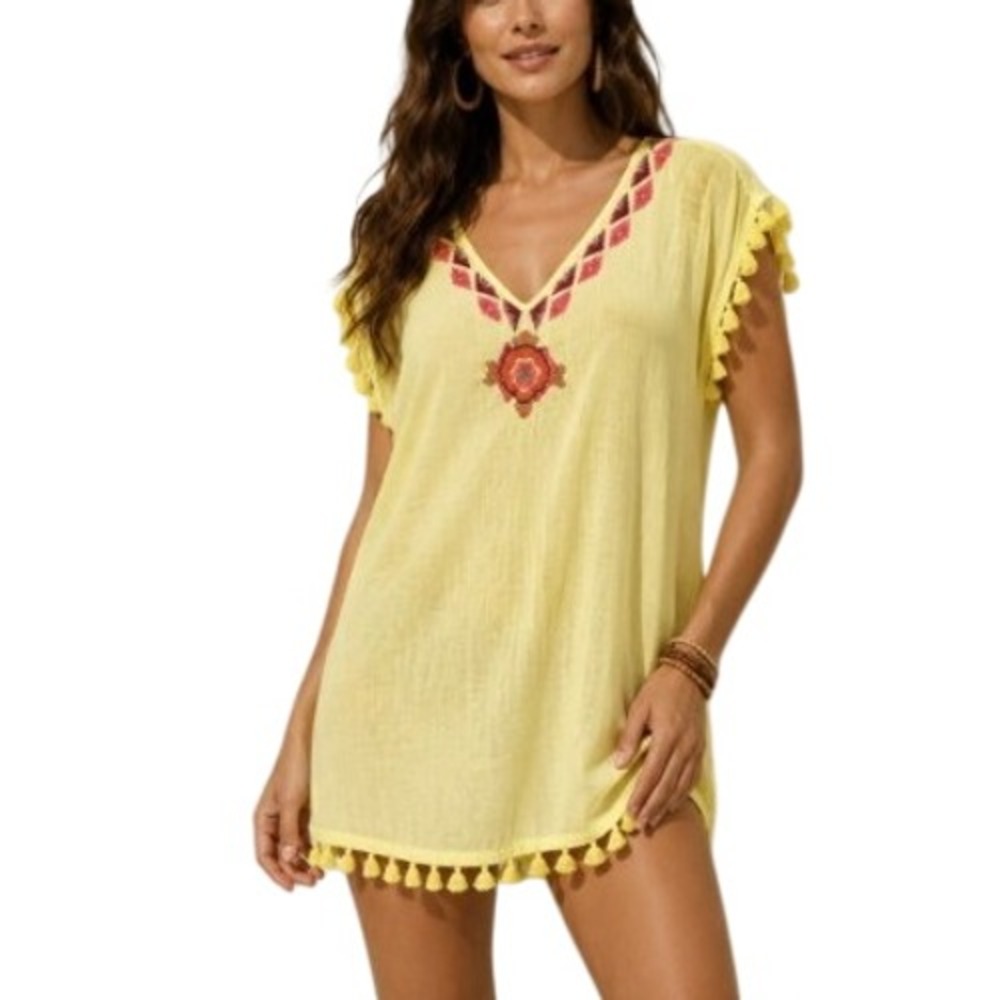 Moda International Beach Cover‎ Up Tunic Womens S Yellow Embroidered Tassel Boho